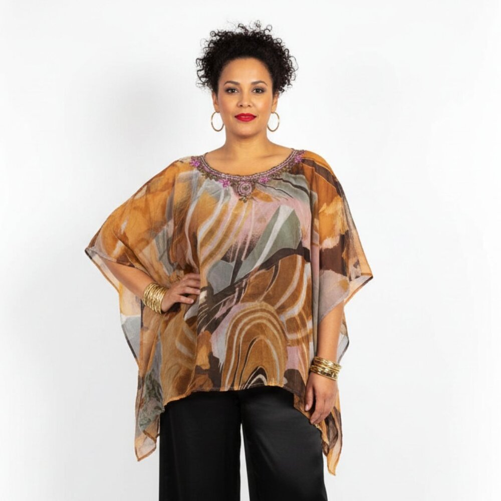 Sol & Mer Brown Print Sequins Ocean Wave Sheer Short Sleeve Scarf Top NEW OS